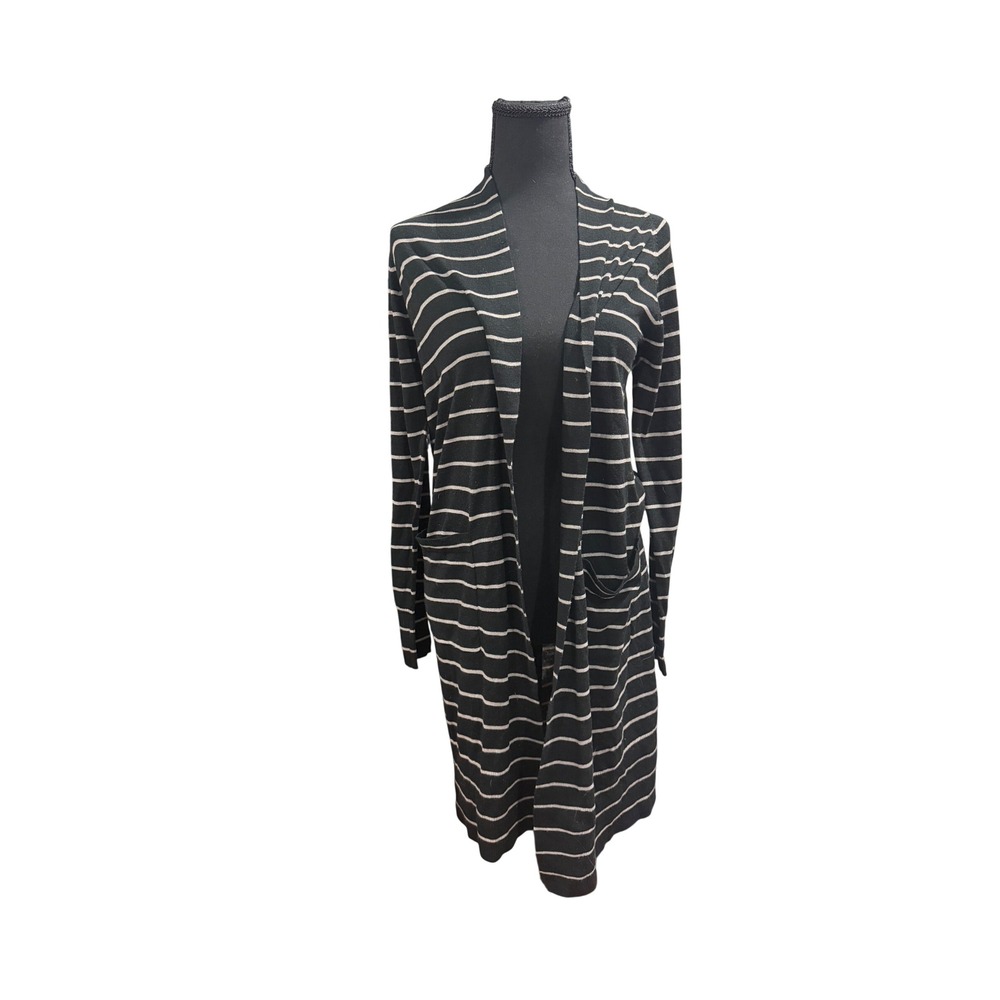 A New Day Womens XS Striped‎ Open Front Duster Cardigan Black Taupe Pockets New